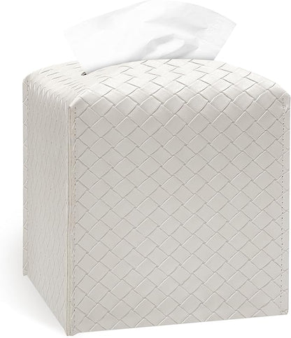 Tissue Box Cover Holder, PU Leather Tissue Box Cover with Braided Pattern, Square Tissue Holder with Bottom Belt, Modern Organizer for Bathroom, Car, Office, Tabletop(Pearl White,12 Braided Patterns)