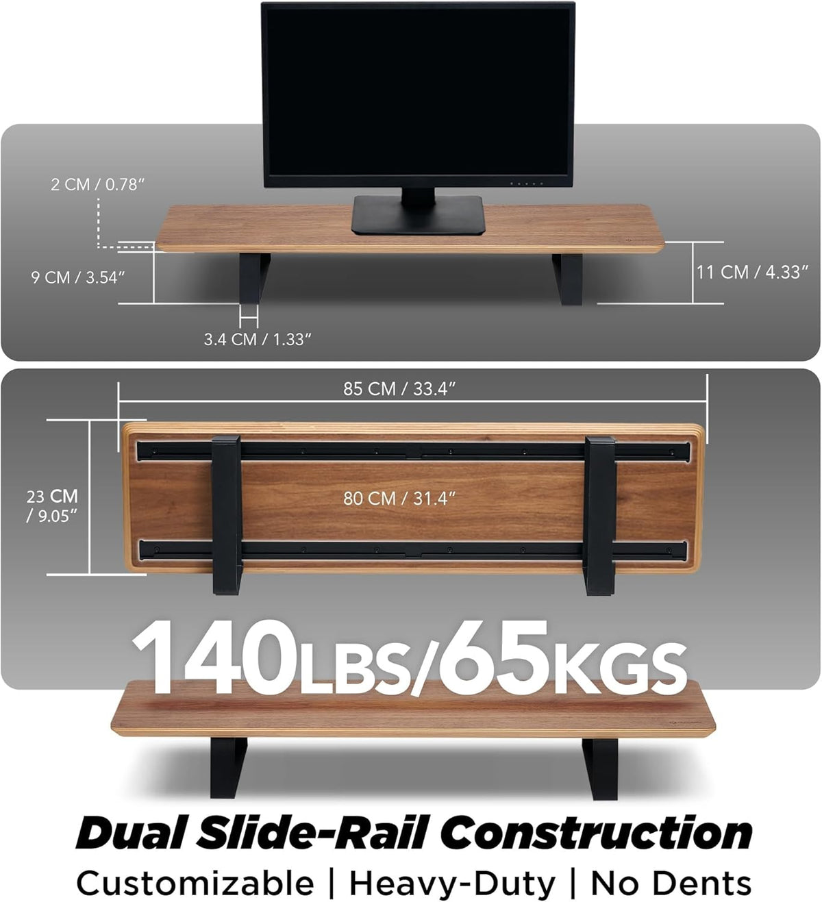 Moodular Wooden Monitor Stand 33.4” (85cm) Desk Organizer with Metal Slide Rails for Drawer, Tray, Laptop, Tablet, Phone & Headphones Customizable Riser for Organized Workspace Walnut MS85-W