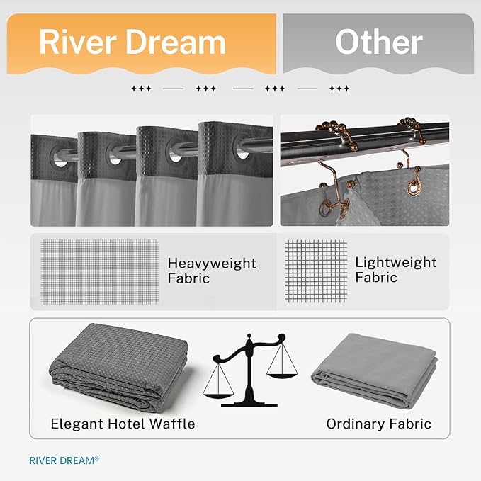 River Dream Heavyweight No Hooks Required Dotted Waffle Weave Shower Curtain with Snap in Liner - 71W x 80H,Hotel Grade,Spa Like Bath Curtain,Gray