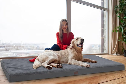 MIHIKK Waterproof Human Dog Bed Orthopedic Dog Beds for Crate with Removable Washable Cover Egg-Crate Foam Pet Pad Mat with Anti-Slip Bottom, 75x38 Inch, Grey