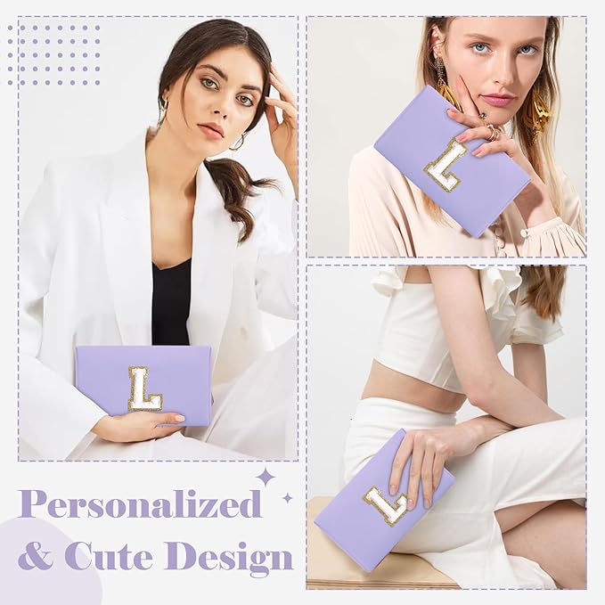 Personalized Makeup Bag Initial A-Z Preppy Patch Bag,Small PU Leather Travel Cosmetic Bag Pouch with Zipper,Purple Cute Toiletry Bag,Gift Ideal for Teen Girls Women Birthday Friend Mom,Latter L