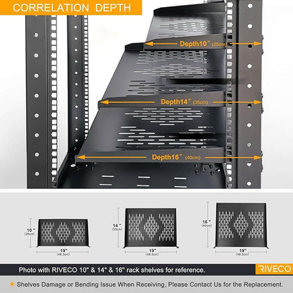 RIVECO 2PCS 1U Rack Shelves, 19” Cabinet Mount 1 U Tray Vented Cantilevers