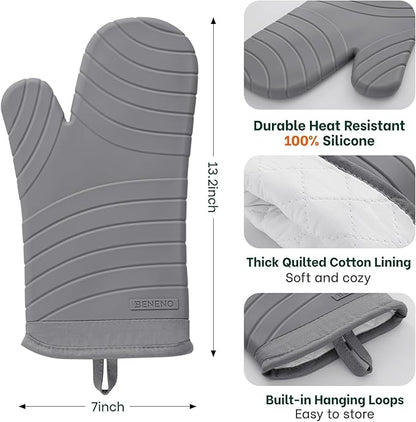Beneno Heat Resistant Silicone Oven Mitts BPA-Free, Non-Slip Textured Grip & Quilted Cotton Lining, Waterproof Kitchen Mitt 2-Pack Set, 7"x13", Gray