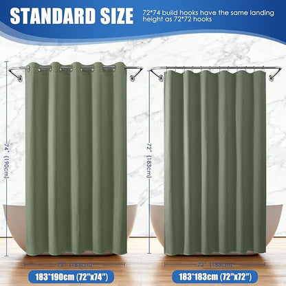 Zemyovia Waterproof No Hooks Waffle Shower Curtain, 260GSM Heavy Duty Fabric, with 10 Durable Split Grommets, Luxury Hotel Spa Style for Bathroom, Machine Washable, 74 x 72 Standard Size, Green