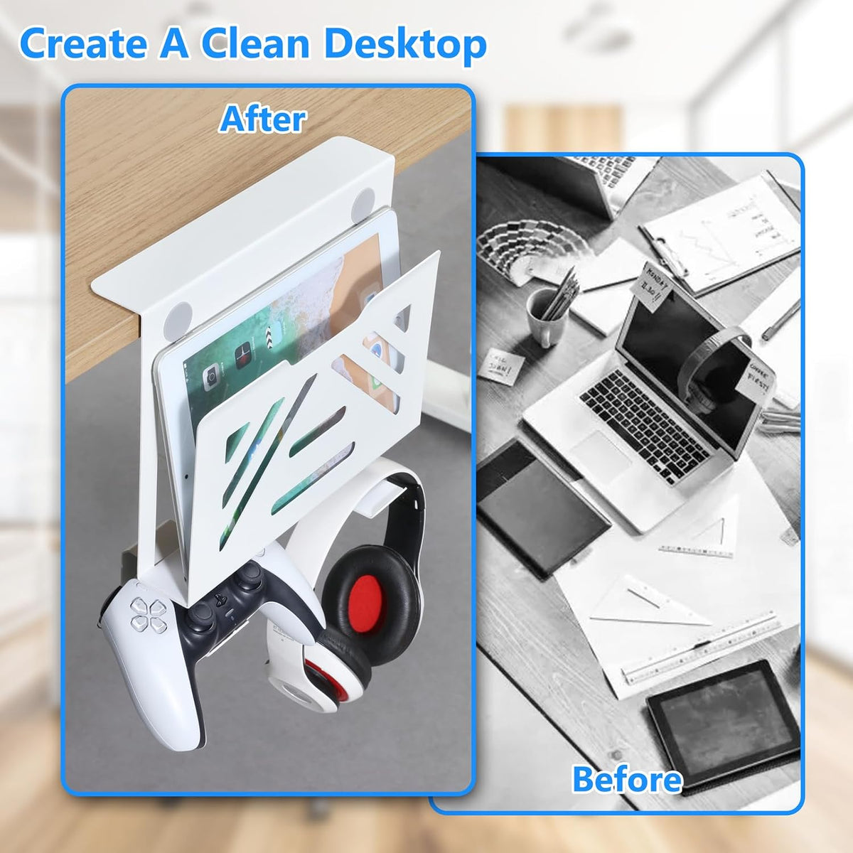 MAXECHO Desk Side Storage, Under Desk Laptop Mount, Table Side Hanging File Organizer, No Drill Clamp On Cable Management Tray, Laptop Holder with 2 Hooks for Office and Home, Load 22 Lbs