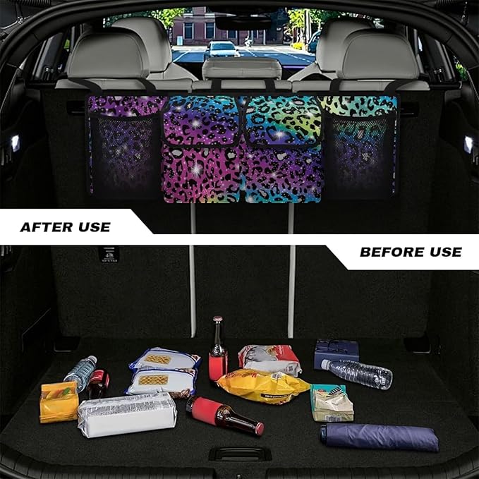 SEANATIVE Colorful Shiny Leopard Car Trunk Organizer, Backseat Hanging Organizer with 4 Large Storage Bag Super Capacity -Trunk Organizer for SUV,Truck,Van -Your Space Saving Expert