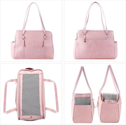 Lasaviin Dog Carrier Purse, Fashion Leather Pet Carrier with Pockets, Airline Approved Soft Sided Dog Carrying Bag for Puppy Cat Dog Pink
