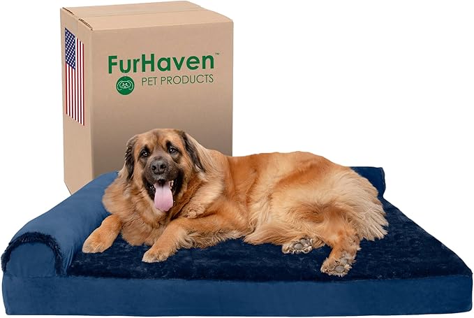 Furhaven Orthopedic Dog Bed for Large Dogs w/ Removable Bolsters & Washable Cover, For Dogs Up to 125 lbs - Plush & Velvet L Shaped Chaise - Deep Sapphire, Jumbo Plus/XXL