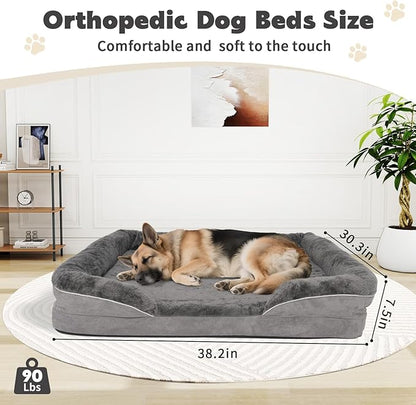Dog Bed Waterproof Medium/Large Sized XL Foam Pet Beds Removable Washable Cover Dog Sofa Egg Crate Foam Support with Zipper Bottom Bolster Deluxe Plush Mat (38.2x30.3x7.5in+Grey)