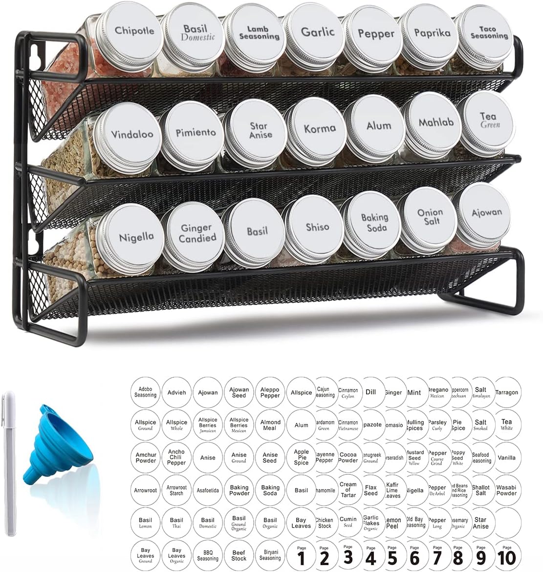 SpaceAid Spice Rack Organizer with 21 Spice Jars, 386 Spice Labels, Chalk Marker and Funnel Set for Cabinet, Countertop, Pantry, Cupboard or Door & Wall Mount - 21 Jars, 13.4" W × 9" H, White