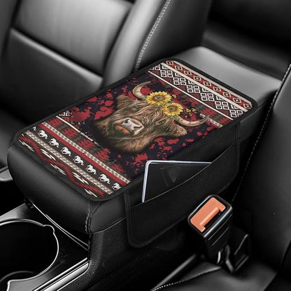 BIGCARJOB Tribal Cow Print Car Armrest Seat Box Cover with Side Storage,Southwest Tribal Print Car Interior Accessories Universal Center Console Armrest Pads for Cars SUV Truck