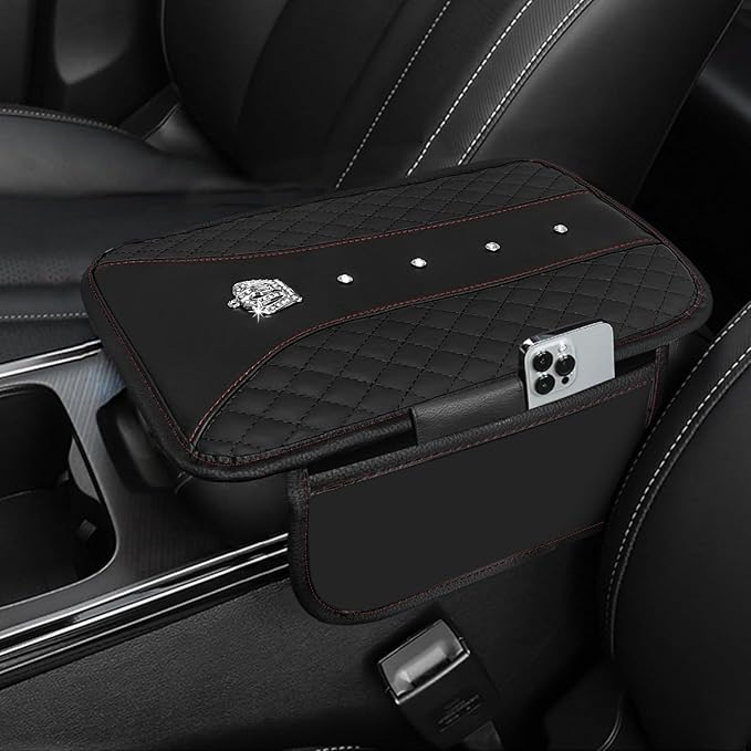 NBTEPEM Bling Crown Car Center Console Armrest Cover, Leather Middle Console Cover Cushion with 2 Storage Bags, Car Armrest Storage Box Interior Accessories for Most Vehicles(Black)