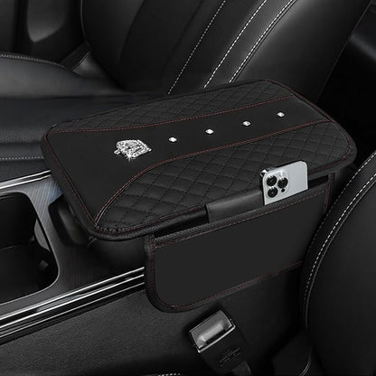 NBTEPEM Bling Crown Car Center Console Armrest Cover, Leather Middle Console Cover Cushion with 2 Storage Bags, Car Armrest Storage Box Interior Accessories for Most Vehicles(Black)