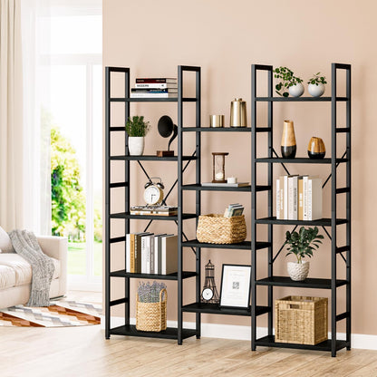 NUMENN Triple Column 5 Tier Bookshelf, Bookcase with 14 Open Display Shelves, Adjustable Rustic Industrial Style Book Shelves, Modern Bookshelves for Bedroom, Living Room and Home Office, Black