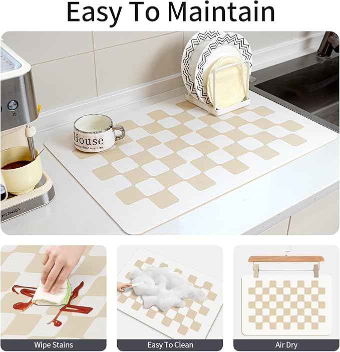 2PCS 24''x16'' Water Absorbent Dish Drying Mats for Kitchen Counter Checkered Coffee Bar Station Accessories, Easy Clean and Quick Drying,Beige Checkered