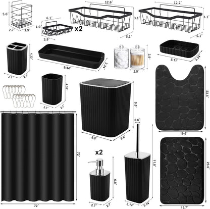 30PC Bathroom Accessories Set - Gorgeous Black Bathroom Set, Bathroom Accessory Set, Black Shower Curtain Set with Bathroom Storage