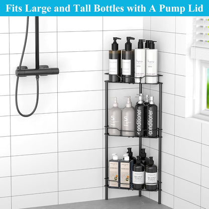 3 Tier Floor Standing Corner Shower Caddy Organizer Shelf with Hooks, Bathroom Shelves Stand Rack, Black