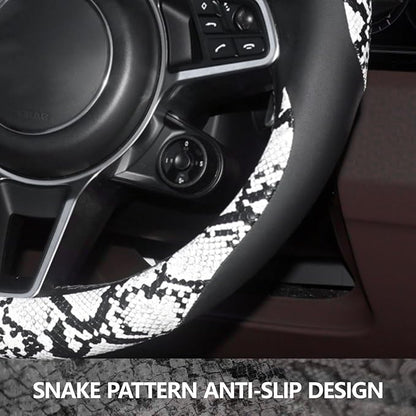 ZHOL Snake Skin Steering Wheel Cover Leather 14.5-15 Inch, Reversible Car Steering Wheel Cover for Women Men, Anti-Slip Design, Universal Fit for Cars, SUVs, Black&White