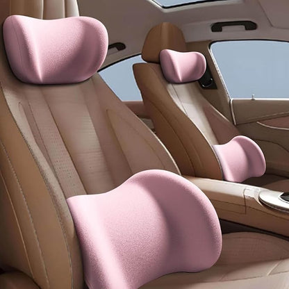 Car Headrest & Lumbar Support Cushion, Ergonomic Car Seat Headrest & Lumbar Cushion with Adjustable Strap for Neck Back Pain Relief, Memory Foam & Breathable Car Head Lumbar Rest Set (Pink)