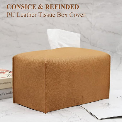 Livelab Tissue Box Cover, Modern Decorative PU Leather Rectangular Tissue Box Case Organizer Holder for Vanity Countertop, Night Stands, Livingroom, Office Desk & Car 9.5X5X5'' | Camel