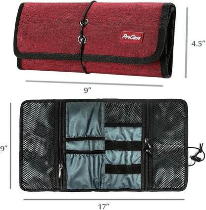 ProCase Electronic Organizer Cord Pouch, Travel Cable Charger Phone Accessories Bag Organizer Roll up Tech Carrying Case for USB Cables SD Memory Cards Earphone Flash Hard Drive -Red