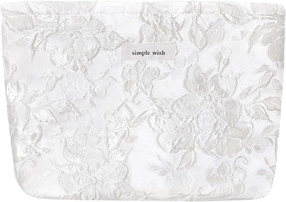 STARDW Aesthetic Floral Makeup Bag Cute Small Cosmetic Bags for Women Girls, Travel Toiletry Bag Large Capacity Zipper Makeup Pouch, Purse Organizer Pouches (Embossed white)