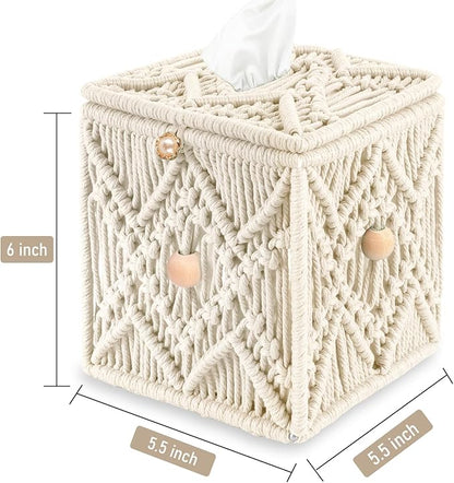 KaloKalo Handmade Tissue Box Cover Decorative Macrame Boho Square Tissue Holder Cotton Rope Woven Napkin Facial Paper Organizer Bohemian Desk Storage Container with Buckle Wood Beads (Ivory)