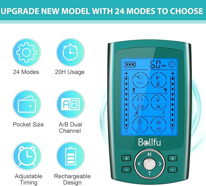 Belifu Dual Channel TENS EMS Unit 24 Modes Muscle Stimulator