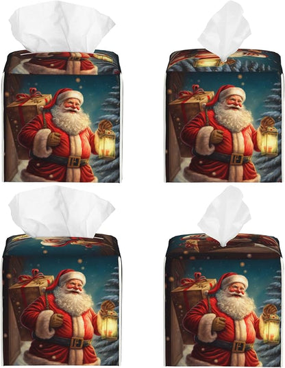 Christmas Santa Claus Tissue Box Cover Square,Merry Christmas Tissue Box Holder Waterproof Leather Facial Paper Organizer Dispenser for Bathroom Home Car Nightstand Vanity Desk