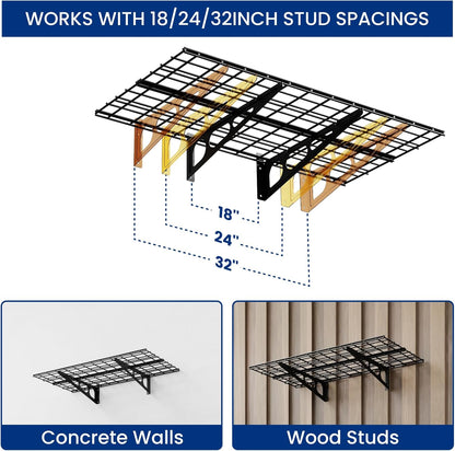 FLEXIMOUNTS 2-Pack 2x4ft Garage Shelving with Hooks, 24-inch-by-48-inch Wall Shelf Garage Storage Racks Floating Shelves, Black
