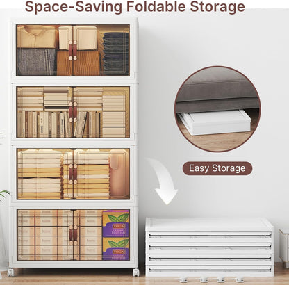 480Qt Stackable Storage Bins with Lids, 4 Pack Large Collapsible Bins with Wheels, Plastic Cabinet with Doors, Foldable Closet Organizers and Storage for Home, Dorm, Office, White