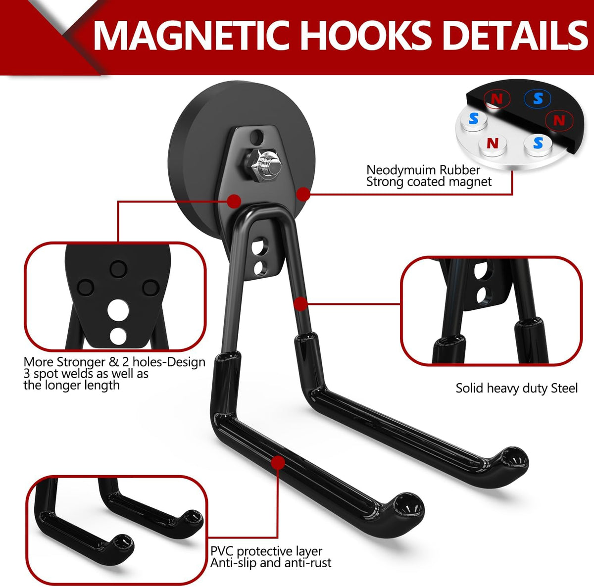 3-H Heavy Duty Magnet Garage Hooks 4 Pack, Extra Large Strong Magnetic Hooks for Hanging Cordless Power Drill, Utility Magnetic Tool Holder for Metal Cabinet, Steel Pegboard, Toolbox, Garage(Black)
