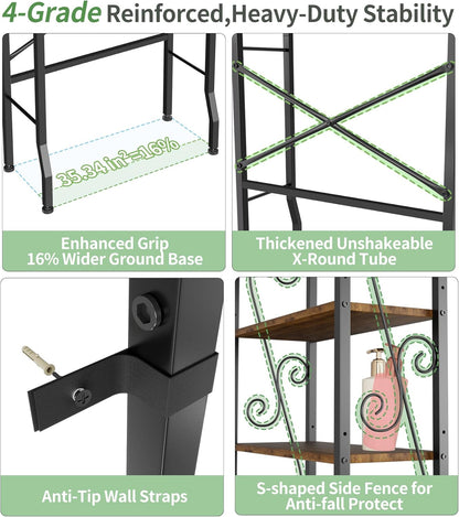 Over-The-Toilet Storage Rack 4-Tier,Bathroom Organizer Shelf Over Toilet,Adjustable Wooden Shelves and Basket,Freestanding Above Toilet Shelf,Space Saver for Rooms(Black Rack-Rustic Brown Shelves)
