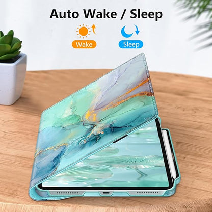 Fintie Rotating Case for iPad Air 13-inch (M3) 2025, (M2) 2024-360 Degree Swiveling Protective Stand Cover with Pencil Holder, Auto Wake/Sleep, Emerald Marble