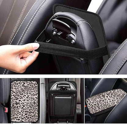 Beige Leopard Print Center Console Cover,Universal Arm Rest Cover for Car,Washable and Lightweight