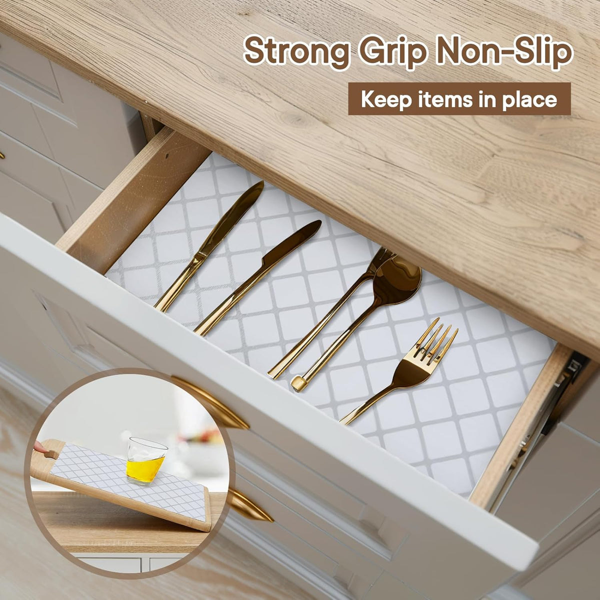 Shelf and Drawer Liner for Kitchen Cabinets Non-Adhesive, Strong Grip Non-Slip Thickened Cabinet Liners for Shelves, Waterproof Mats for Dresser Cupboard, Silver Stripe, 17 in x 10 Feet