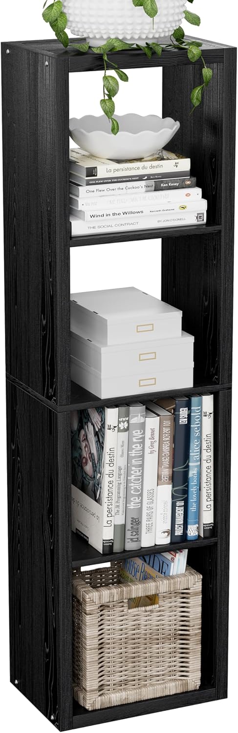 Cube Storage Organizer Bookcase, Small 4 Tier 11 inch Open Back Cubical Shelf with Thickened Border, Display Bookshelf for Living Room, Home Office, Sturdy Room (Black, 4 Cube,Vertical)