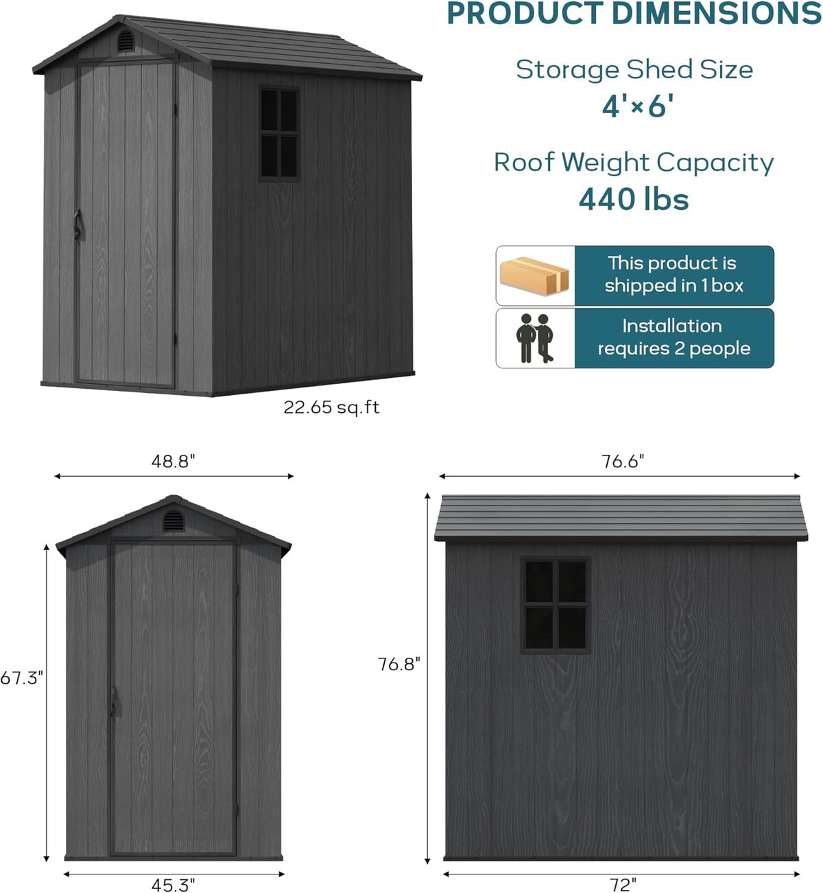 Greesum 4×6FT Plastic Outdoor Storage Shed with Floor, Resin Storaged Sheds with Lockable Door, Window & Vent, All-Weather Tool Sheds for Garden, Backyard, Patio, Dark Gray (One-Piece Panel)