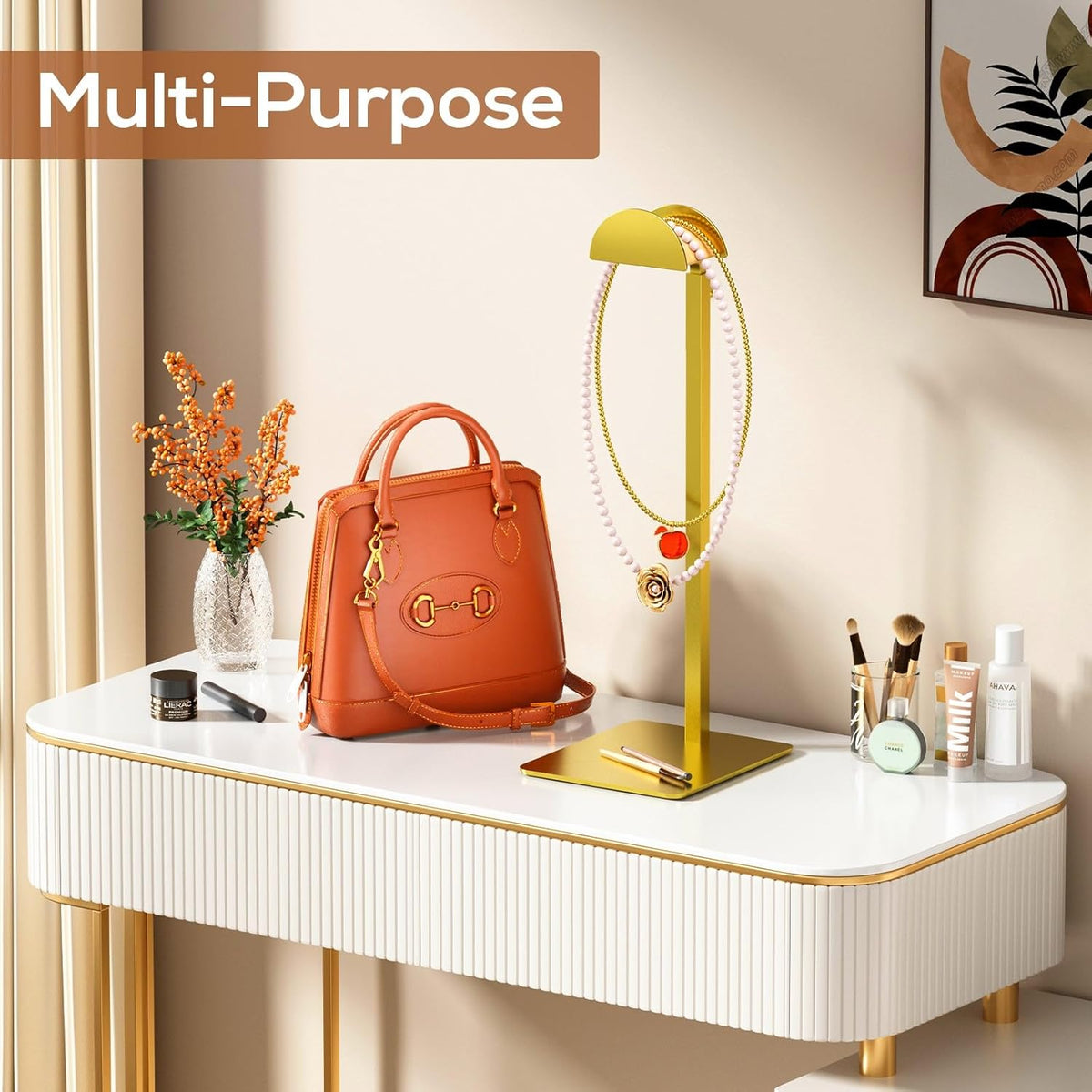 3 Pack Purse Display Stand, Handbag Purse Rack Stand Stainless Steel with Adjustable Height from 14.27" to 24" for Tabletop, Closet, Desk, and Retail Use - Metallic Gold