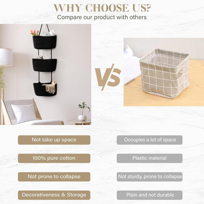 TeoKJ Over the Door Organizer, 3-Tier Woven Cotton Hanging Kitchen Baskets Storage Organizer Bag with Hooks Wall-Mounted Decorative Rope Baskets - Black