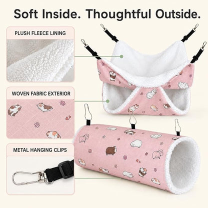 Small Pet Hammock & Tunnel Set for Ferrets, Guinea Pigs, Rats - Plush Hideout Bed & Cage Toy, 2-Pack, Pink Guinea Pig Print