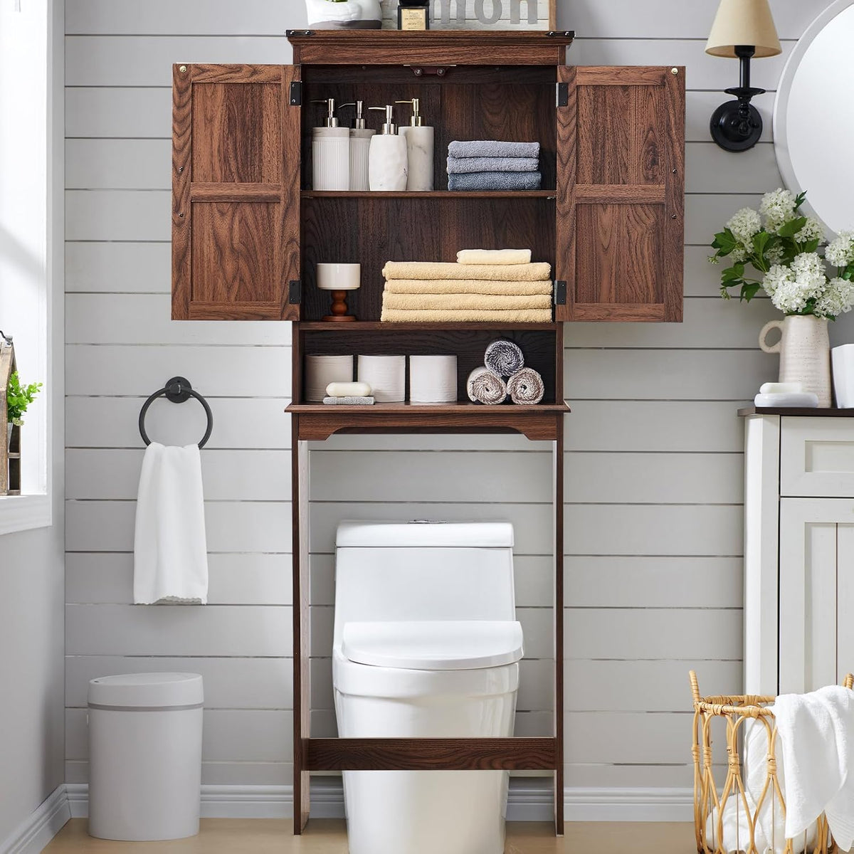 ACCOHOHO Over The Toilet Storage Cabinet, Farmhouse Bathroom Cabinet with Adjustable Shelf & Barn Door, 67" Tall Over The Toilet Shelf, Brown