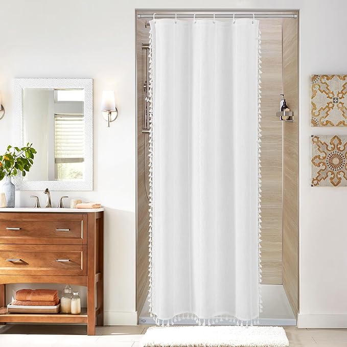 MitoVilla White Boho Farmhouse Small Stall Shower Curtain Set 36 x 72, Half Size Narrow Polyester Linen Fabric Shower Curtains for Farmhouse Bathroom Decor, White