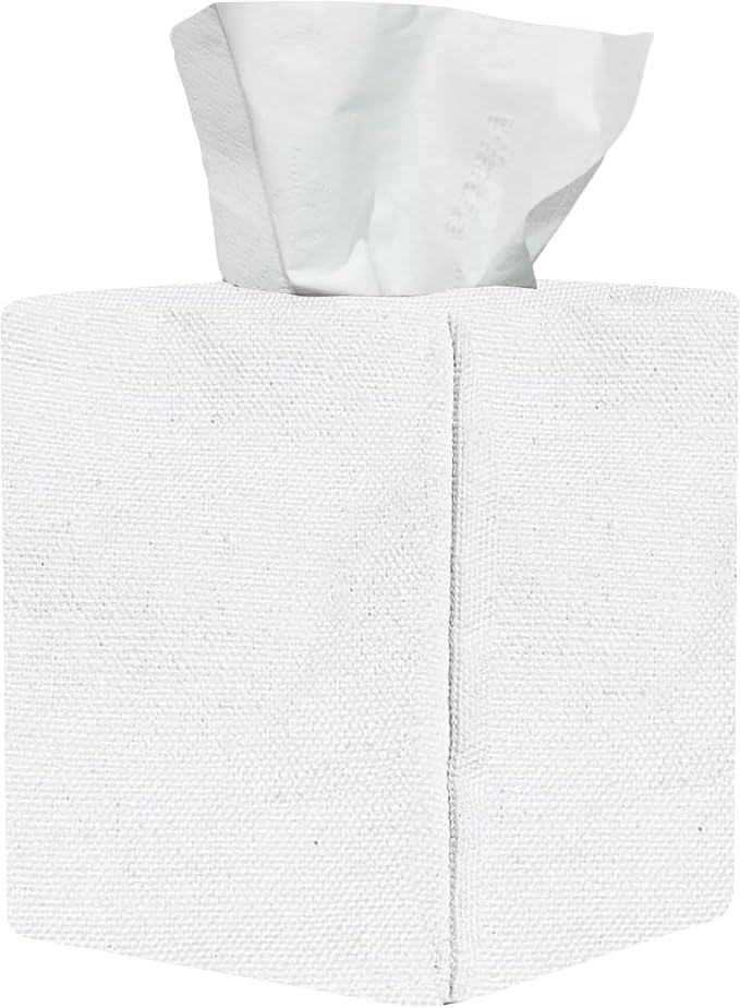 Tissue Box Cover, Cute Bleach White Linen Fabric Decorative Square Tissue Box Holder/Organizer for Bathroom Vanity Countertop/Office/Nightstand/Desk