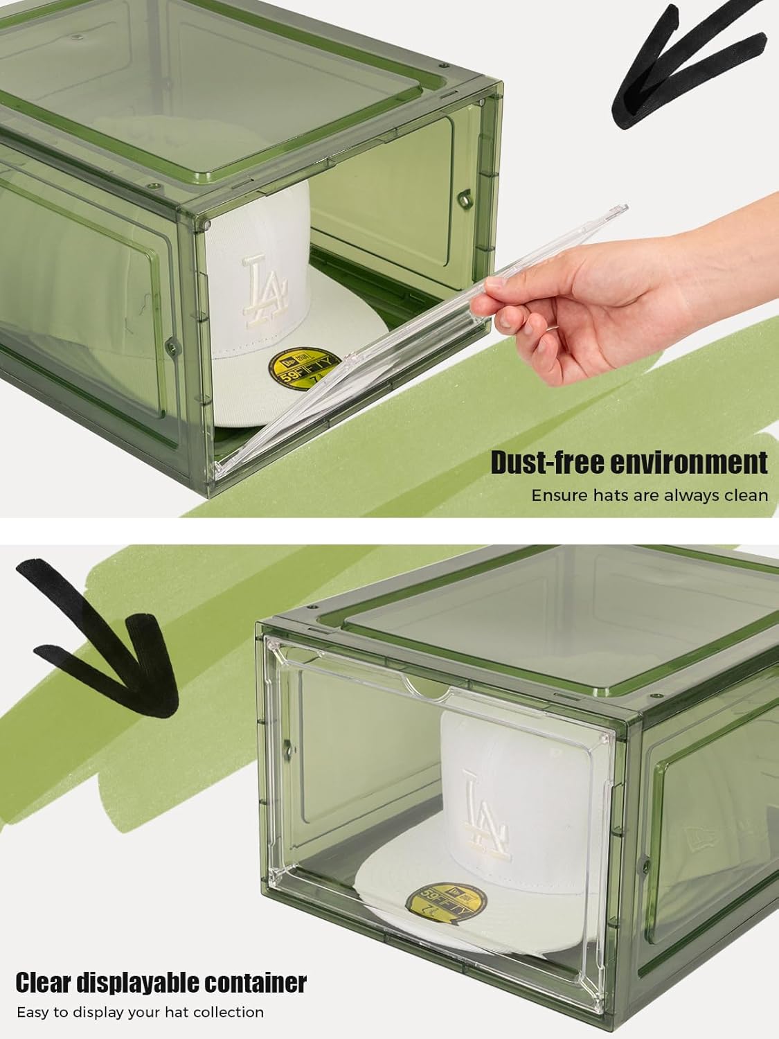 6 Pack Hat Organizer Box, Stackable Clear Baseball Caps Holder Box Containers with Magnetic Door for Hats Snapback Cap Storag, Hat Rack Display Case, Holds 8 Hats Each (Green)