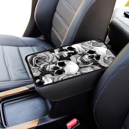 CREATCABIN Skull Auto Center Console Cover Car Armrest Pad Auto Armrest Storage Box Pad Soft Anti-Slip Lines Waterproof Car Accessories Interior with Elastic Band for Vehicle SUV Truck 12.6×7.5in