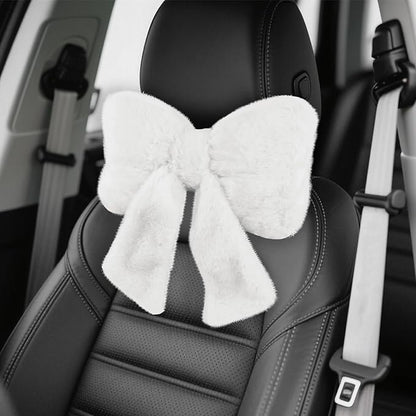Furry Bow Car Headrest Pillow,Soft & Comfortable Car Neck Pillow for Cars Decorations & Fatigue Relief,Universal Head Rest Pillows for Cars Interior Accessories for Trucks,SUVs (White)
