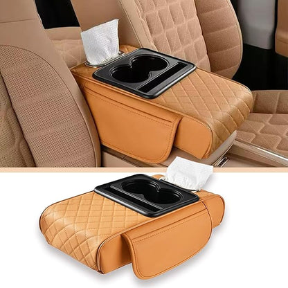 Car arm Rest Cover Pad, 5-in-1 Center Console Cover with Cup Holder, Tissue Box Slot, Mobile Phone Storage Slot, Suitable for Most Car Console Organizer, 13.8''x7.1''x3.0'', (Orange)