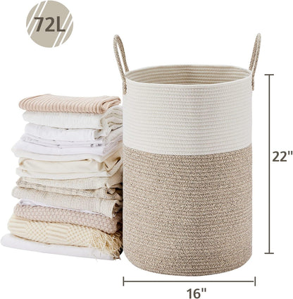 VIPOSCO Large Laundry Hamper, Tall Woven Rope Storage Basket for Blanket, Toys, Dirty Clothes in Living Room, Bathroom, Bedroom - 72L White & Brown