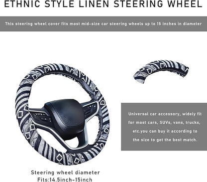 Boho Steering Wheel Cover, 15.0"×15.0" Anti-Slip Baja Blanket Ethnic Steering Wheel Protector, Breathable Flax Cloth Elastic Bohemian Steering Wheel Cover, Car Accessories (Style E)